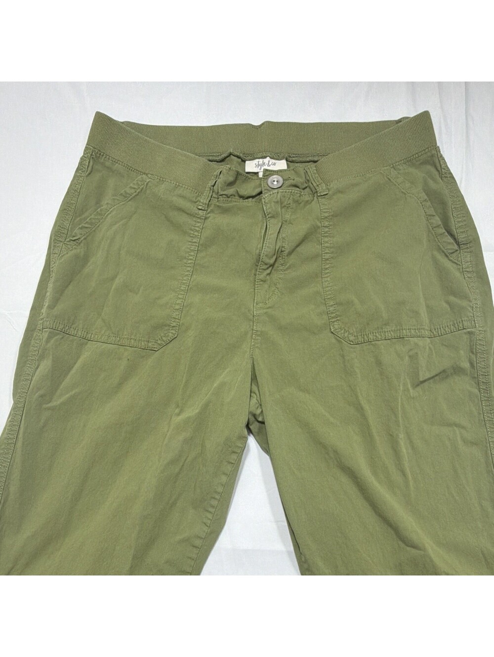 Style&co Green Cotton capri Pants M 32" Waist Drawstring Pockets Tapered